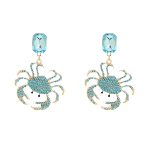 Golden crab dangle earrings with light blue rhinestones and emerald-cut crystal studs
