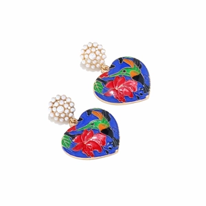 Bohemian colorful enamel heart drop earrings featuring hummingbird and floral pattern