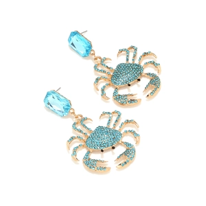 Sparkling blue rhinestone crab drop earrings with golden metal base for women