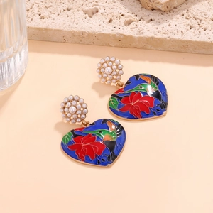 Enamel heart earrings with hummingbirds and flowers featuring white pearl studs
