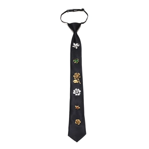 Black Tie Pendant Necklace With Alloy Bee Flower Clover Rhinestone Charms Adjustable Pre Tied Retro Jewelry
