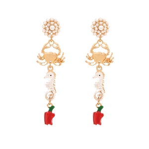 Creative sea horse and crab drop earrings with red chili charm and pearl accents