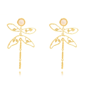 Vintage long gold dragonfly earrings with pearls and hammered alloy metal drops