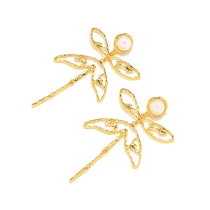 Golden dragonfly long earrings with faux pearl embellishments and hammered metal texture