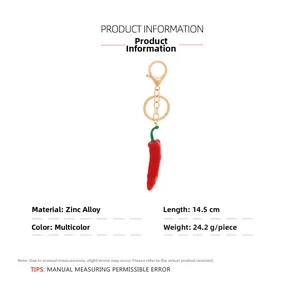 Detail view of red chili keychain with gold-tone alloy clasp and measurements