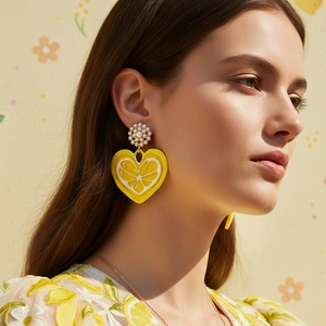Heart Shaped Lemon Slice Drop Earrings Alloy Enamel With Faux Artificial Pearl And Stainless Steel Earring Post Summer For Women