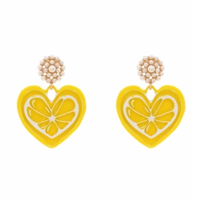 Vibrant enamel heart earrings with lemon slice pattern and white pearl accents on gold alloy