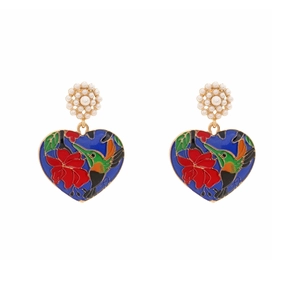 Artistic heart earrings with hand-painted kingfisher and floral enamel on white background