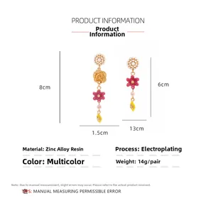 Detailed size chart for asymmetric flower and lemon earrings with zinc alloy and resin materials
