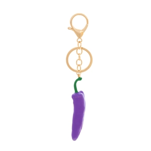 Cute purple chili pendant keychain with green stem and gold-plated lobster clasp