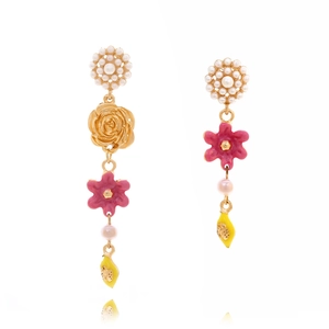 Asymmetric Flower Lemon Dangle Earrings With Alloy Enamel Faux Artificial Pearl And Stainless Steel Earring Post Sweet Pastoral