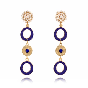 Vintage long drop earrings with blue enamel, pearls and crystals in golden setting