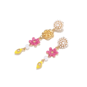 Asymmetric long floral earrings with lemon charm, pink enamel petals and pearl clusters