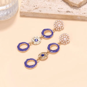 French vintage drop earrings with pearls and blue enamel geometric pendant