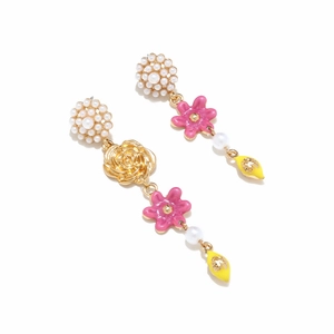 Asymmetric floral earrings with lemon charm, pink flowers and faux pearl clusters