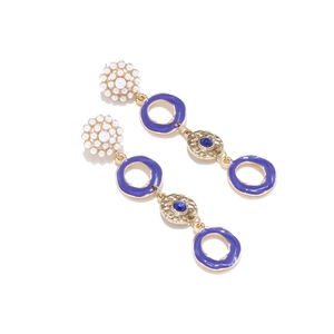 Vintage long drop earrings with blue enamel rings, gold accents and white faux pearls