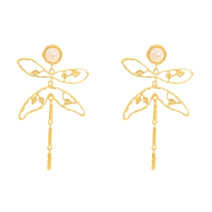 Long gold dragonfly earrings with hollow wings and pearl accents for women