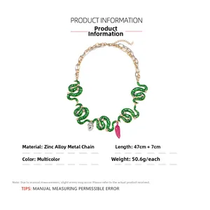 Detail view of multicolored enamel snake pendant necklace with metal chain specifications