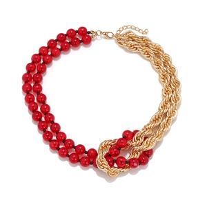 Spliced Necklace Red Resin Beads And Golden Alloy Metal Chain Handmade Knot Chunky Statement Clavicle Chain For Women