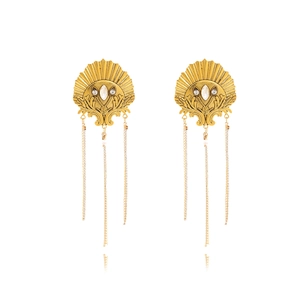Boucles Oreilles Pampilles En Forme Éventail Style Palais Vintage Avec Tige En Acier Inoxydable Longue Chaîne Ajourée Exagérée Pour Femmes