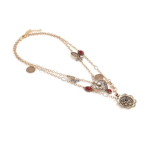 Mehrlagige goldene Vintage-Halskette mit Herzanhänger, Münzen und Blumenmedaillon