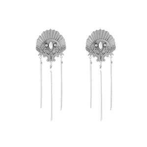 Boucles d'oreilles rétro en forme d'éventail avec strass brillants et franges argentées