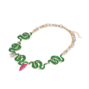 Exaggerated green enamel snake necklace with pink flowers and colorful charms