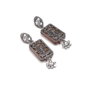 Vintage palace style earrings with geometric crystals and brown resin on dark metal