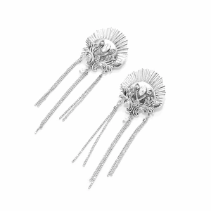 Boucles d'oreilles vintage argentées en forme d'éventail avec strass et franges