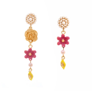 Asymmetric long drop earrings with hand-painted flowers, lemon charms, and pearls