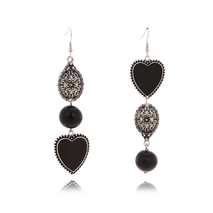 Asymmetric Heart Long Drop Earrings With Stainless Steel Earring Post Retro Black Beads Hollow Carved Drip Oil For Women