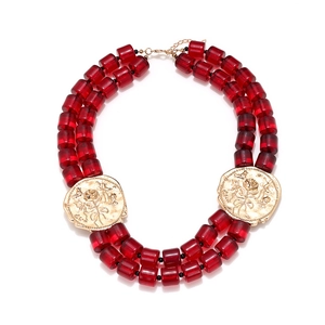 Double-layered red beaded necklace with golden rose flower pendants and vintage retro style