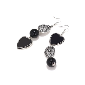 Vintage long heart pendant earrings with silver floral etching and black beads for women