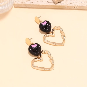 Long strawberry heart drop earrings in black and gold with pink dotted accents