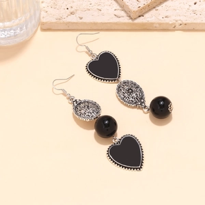 Vintage long heart pendant earrings with asymmetric geometric tassels in silver and black