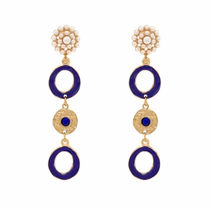 Long gold earrings with blue enamel geometric circles and cluster pearl flower tops