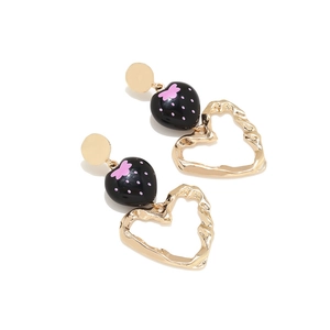 Fashion long strawberry heart drop earrings with gold textured metal finish