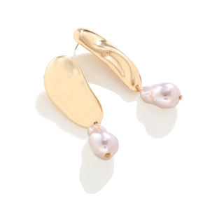 Vintage gold geometric asymmetrical earrings with baroque pearl pendants for women