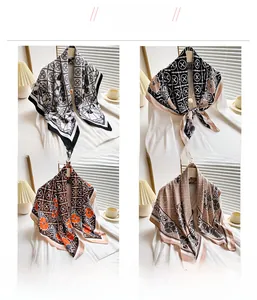 Detail display of vintage floral silk scarves in four elegant geometric pattern colors