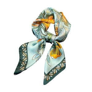 Light blue floral silk square scarf with orange blossoms and dark green borders