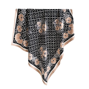 Floral and geometric silk scarf in black and beige, 90cm square wrap for women