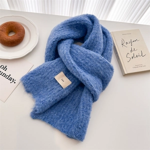 Solid Color Knitted Scarf Women Wool Blend Warm Thick Winter Shawl Korean Style Minimalist With Patch Label
