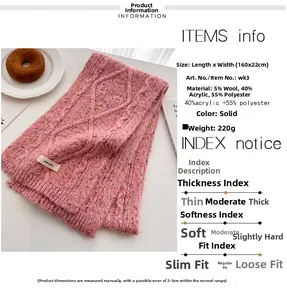 Pink wool blend knit scarf with cable pattern and product size details 160x22cm