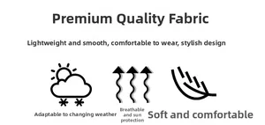 Detail card showing soft breathable fabric features with sun protection and light texture
