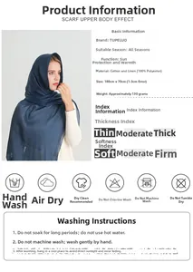 Detail specifications for 180x70cm navy cotton-linen blend scarf with washing instructions