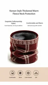 Close-up of thick knitted wine red plaid snood scarf with soft gray fleece lining detail