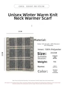 Detail view of the checkered knit neck warmer with material specs and 25x20cm dimensions