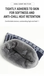 Detail of purple checkered knit neck warmer featuring thick grey faux fur lining