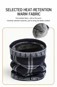 Detail showing deep blue knit snood with plush gray lining and white plaid pattern