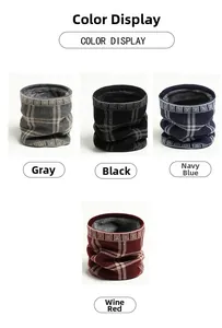 Winter neck warmer color display featuring grey, black, navy, and wine red knit scarves